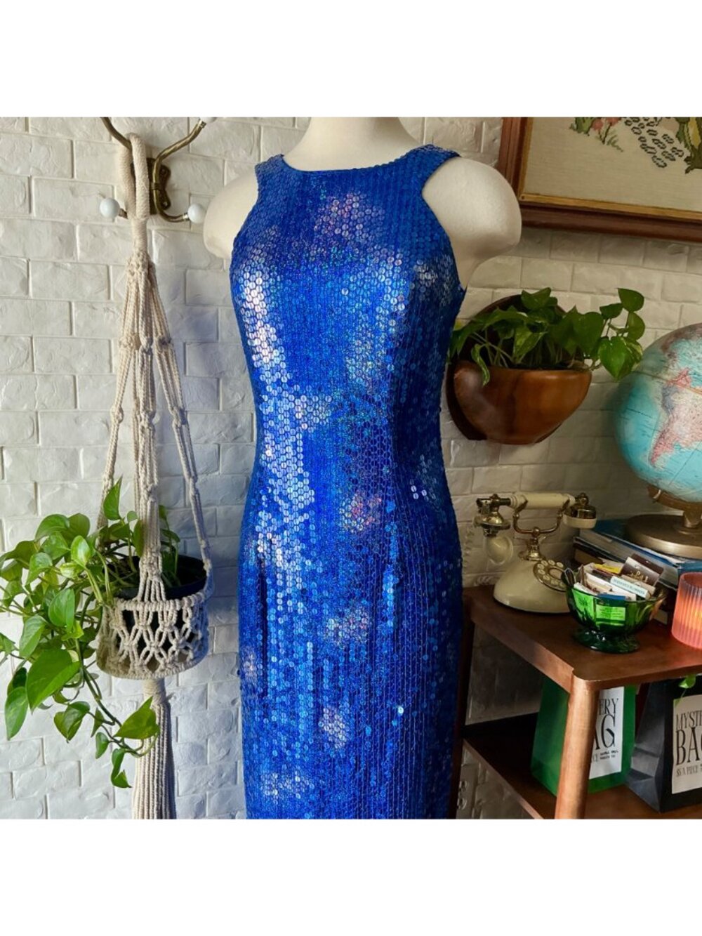 Vintage 1990s Y2K Royal Blue Sequin Halter Dress Gown + Cut-Out Back - Picture 2 of 12
